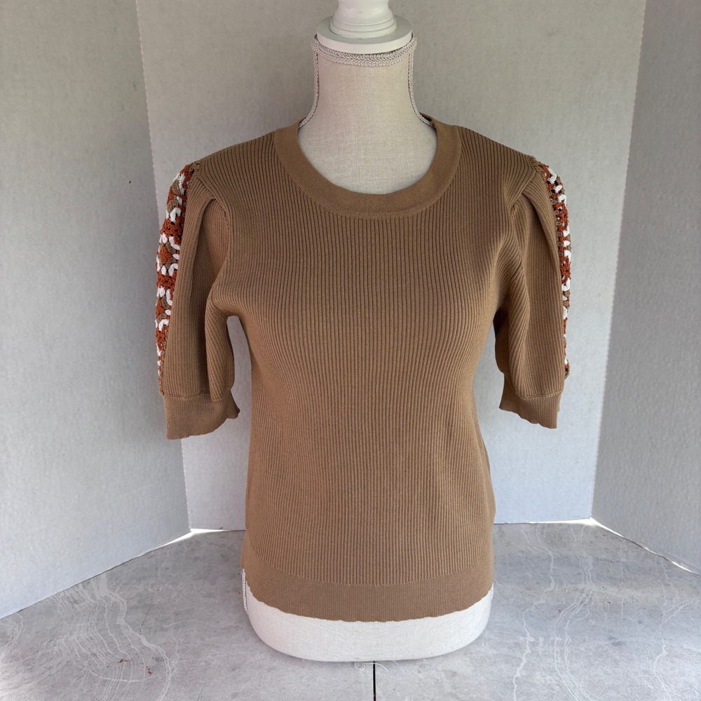 Nanette Nanette Lepore  Large New Ribbed Knit‎ Crochet Sleeve Top Shirt Women's